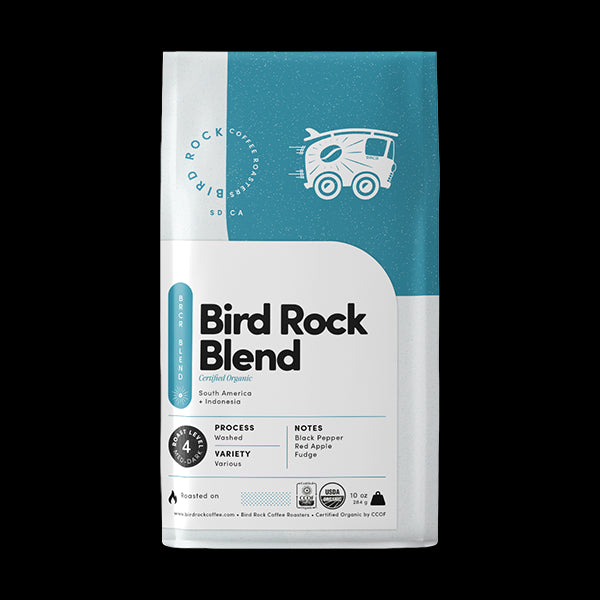 Thrilling picture of the packaging for Bird Rock Coffee Roaster Bird Rock Blend coffee roast.