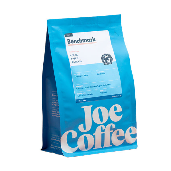 Thoughtful picture of the packaging for Joe Coffee Benchmark coffee roast.