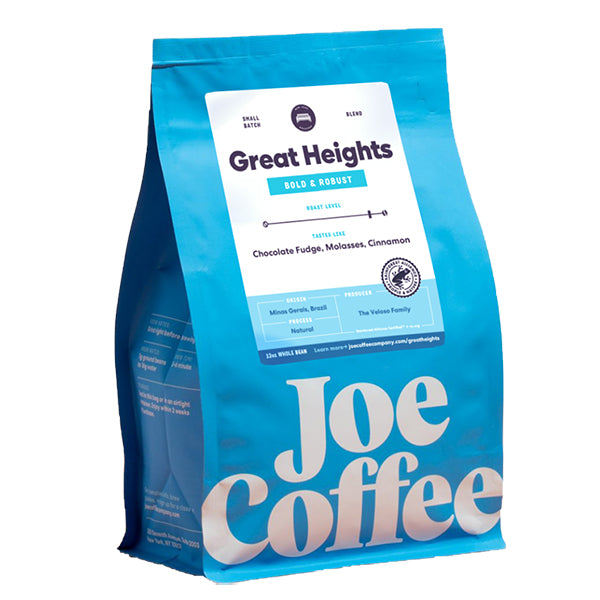 Thrilling picture of the packaging for Joe Coffee Great Heights coffee roast.
