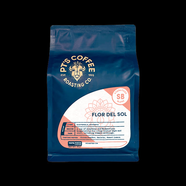 Sincere picture of the packaging for PTs Coffee Flor del Sol coffee roast.