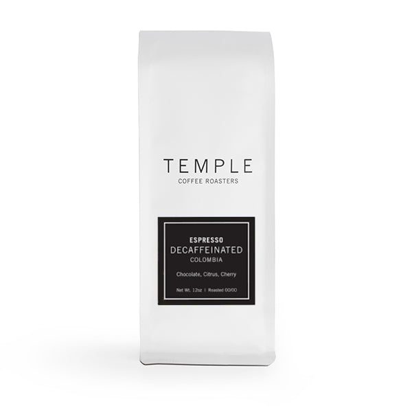 Sincere picture of the packaging for Temple Coffee Roasters Decaffeinated Colombia coffee roast.