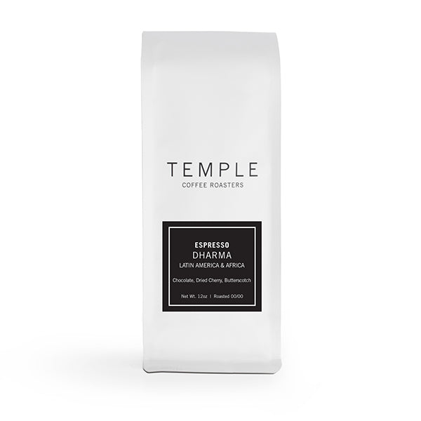 Thrilling picture of the packaging for Temple Coffee Roasters Dharma Espresso Blend coffee roast.