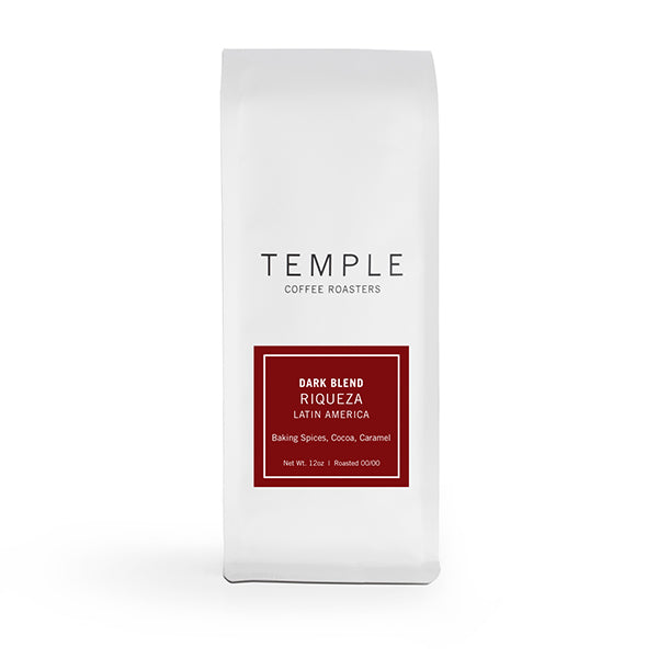Daring picture of the packaging for Temple Coffee Roasters Riqueza Dark Blend coffee roast.
