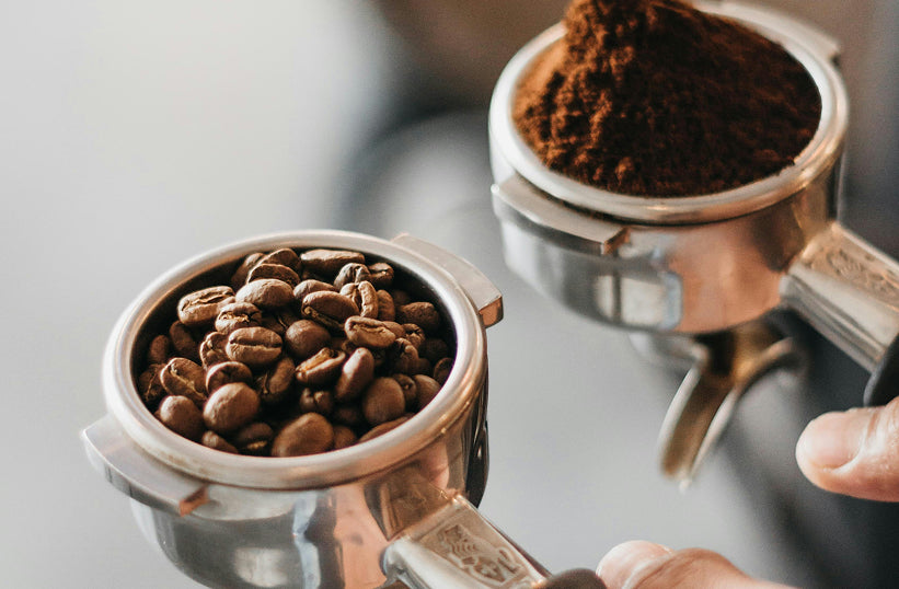 Whole espresso beans and finely ground coffee side by side in portafilters - Seattle Coffee Gear