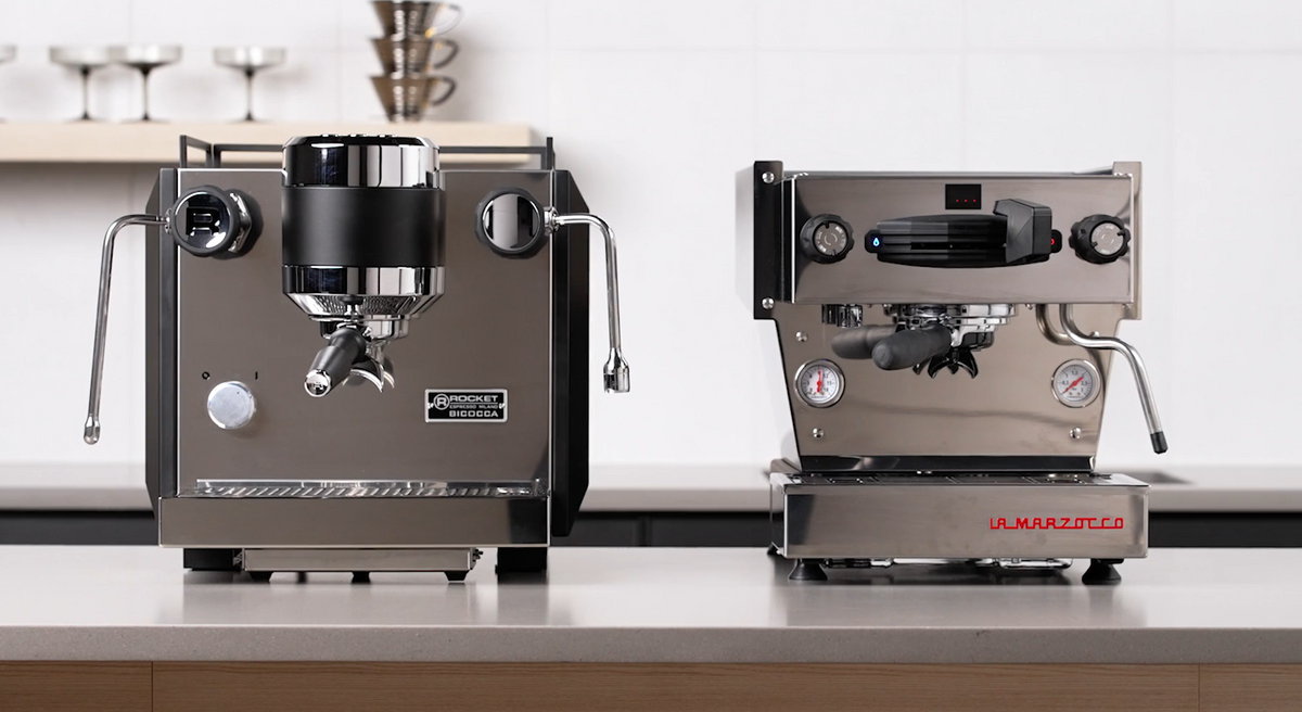 Rocket Espresso Bicocca and La Marzocco Linea Mini side by side on a countertop - Seattle Coffee Gear