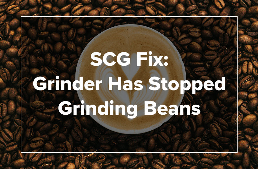 An overhead shot of a latte surrounded by coffee beans with text reading SCG Fix: Grinder Has Stopped Grinding Beans