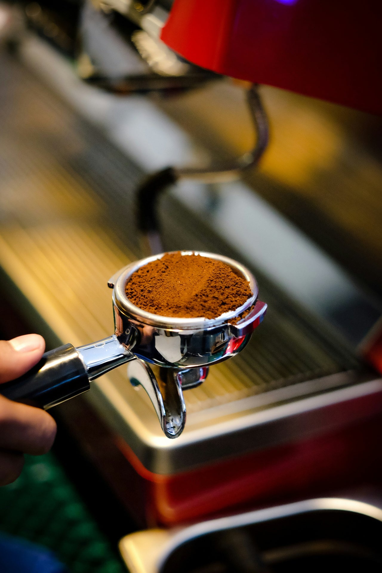 Coffee grounds in a portafilter 