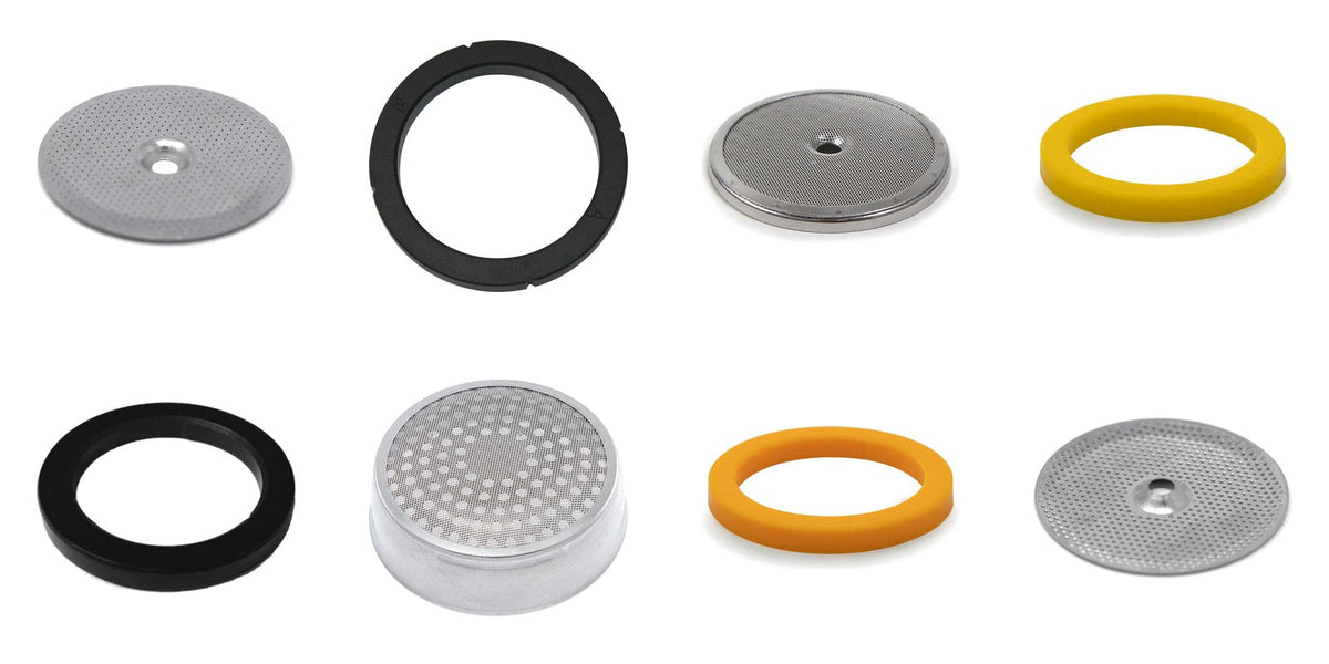 Assorted espresso machine group gaskets, including rubber and silicone styles, and shower screens.