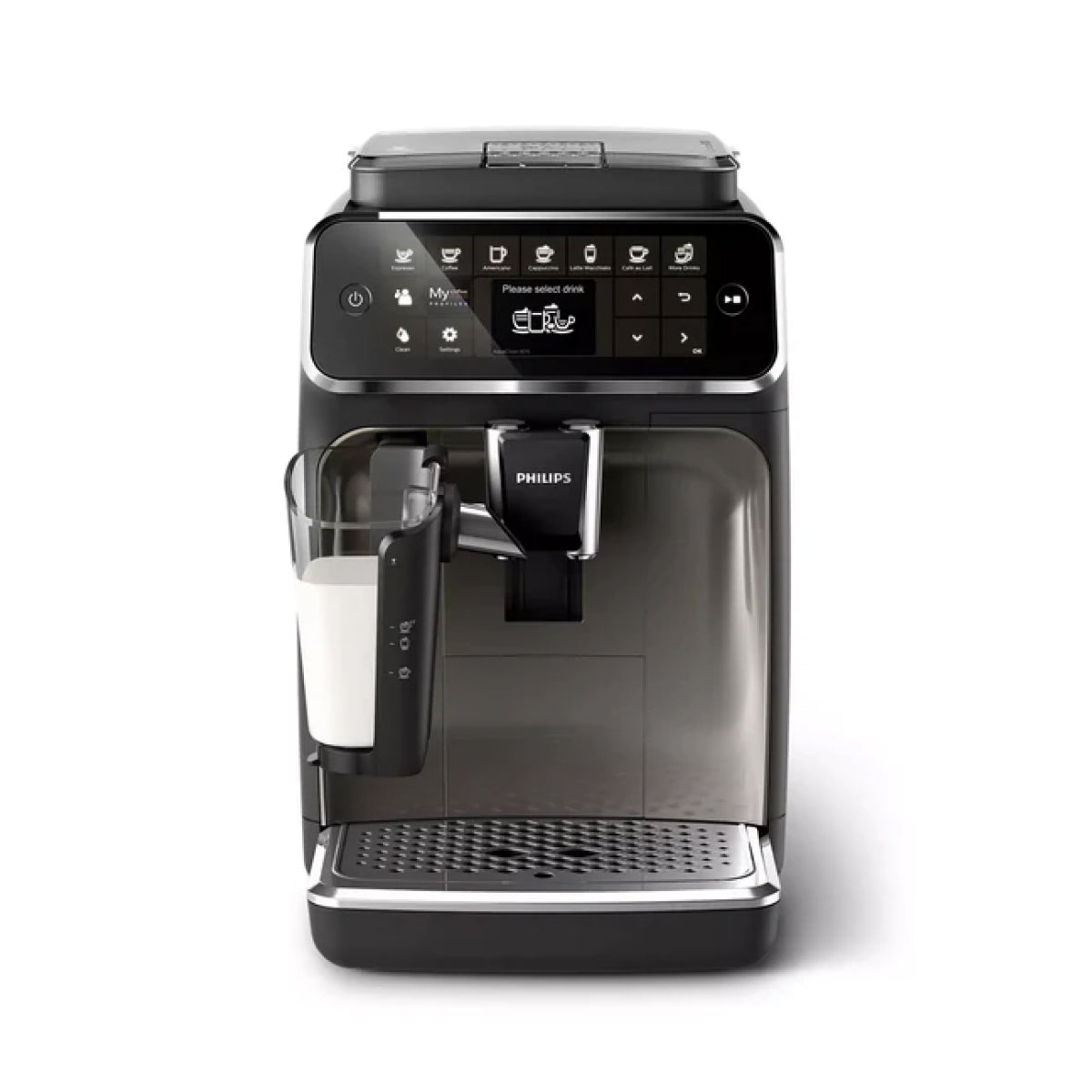 Seattle Coffee Gear exact-model product view of the Philips 4300 EP4347/94 and two-piece LatteGo container