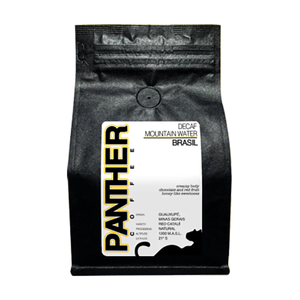 Capturing picture of the packaging for Panther Coffee Decaf Mountain Water Brazil coffee roast.