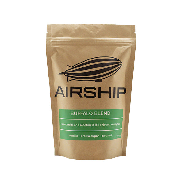 Spirited picture of the packaging for Airship Coffee Buffalo Blend coffee roast.