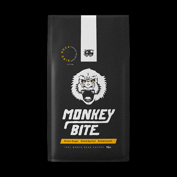 Daring picture of the packaging for Bird Rock Coffee Roaster Monkey Bite Espresso coffee roast.
