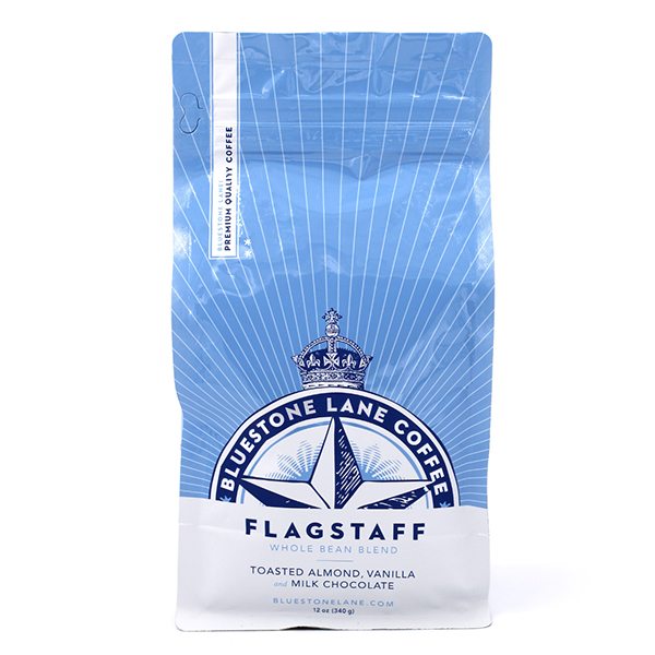 Thoughtful picture of the packaging for Bluestone Lane Flagstaff coffee roast.