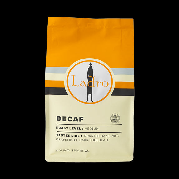 Sincere picture of the packaging for Caffe Ladro Ladro Decaf coffee roast.