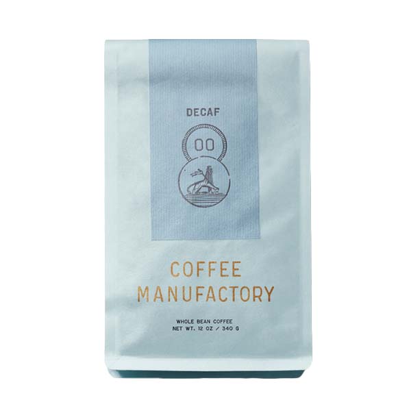 Spirited picture of the packaging for Coffee Manufactory 00 Decaf coffee roast.