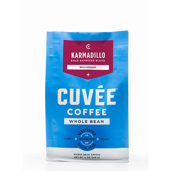 Honest picture of the packaging for Cuvée Coffee Karmadillo coffee roast.