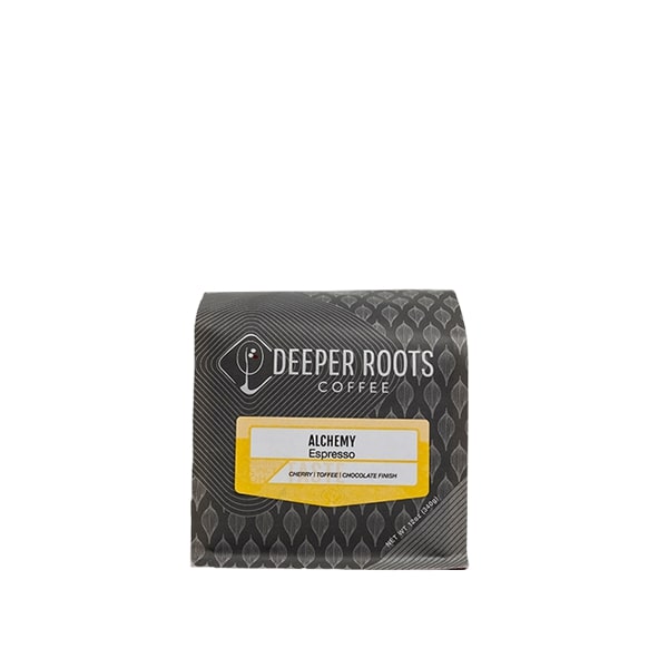 Mesmerizing picture of the packaging for Deeper Roots Coffee Alchemy Espresso coffee roast.