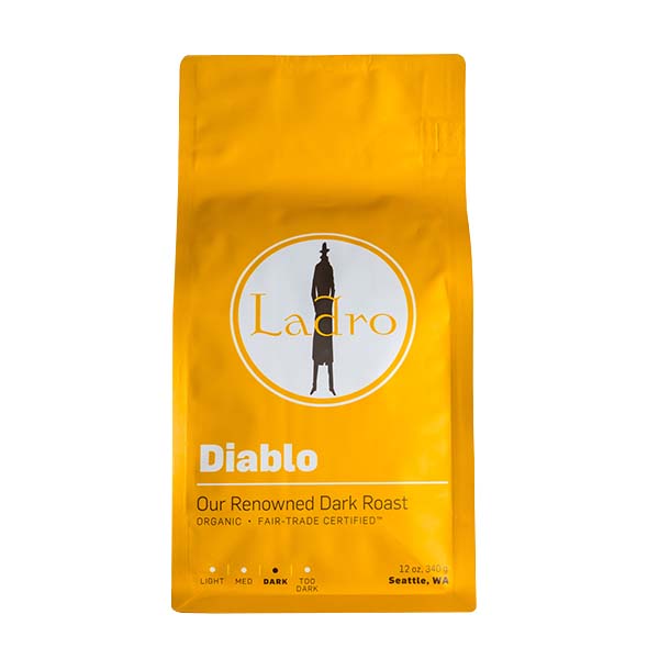 Honest picture of the packaging for Caffe Ladro Diablo coffee roast.