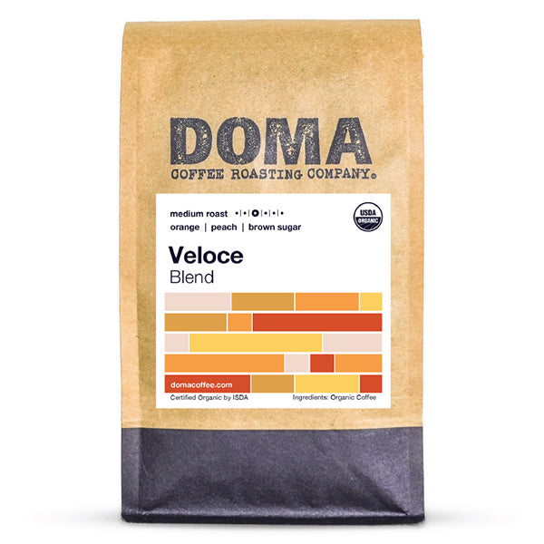 Thoughtful picture of the packaging for Doma Coffee Veloce coffee roast.