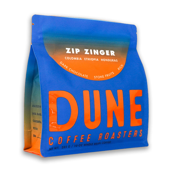 Thrilling picture of the packaging for Dune Coffee Roasters Zip Zinger coffee roast.
