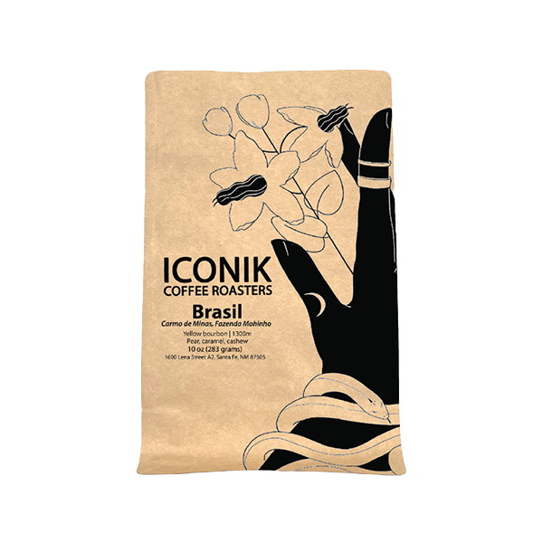 Honest picture of the packaging for Iconik Coffee Roasters Brazil Carmo de Minas coffee roast.