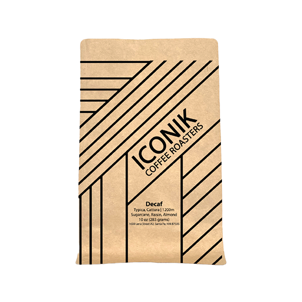 Amazing picture of the packaging for Iconik Coffee Roasters Decaf coffee roast.
