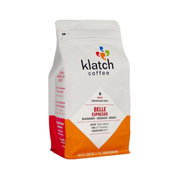 Amazing picture of the packaging for Klatch Coffee Belle Espresso coffee roast.