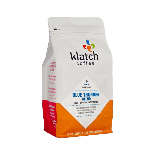Fabulous picture of the packaging for Klatch Coffee Blue Thunder Blend coffee roast.
