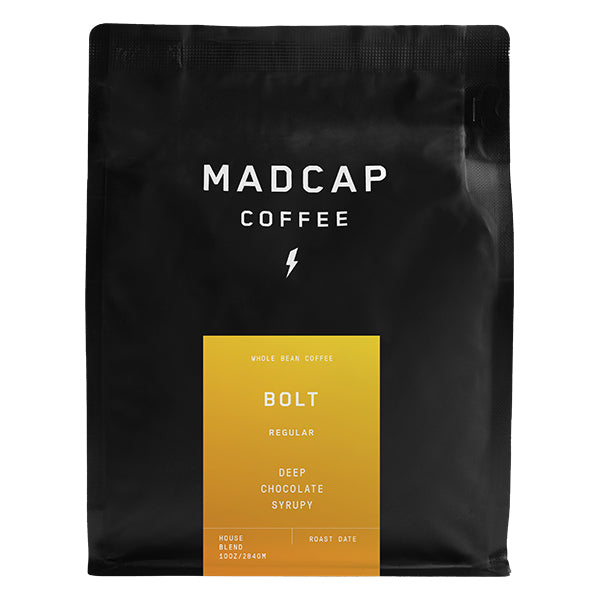Thrilling picture of the packaging for Madcap Coffee Bolt coffee roast.