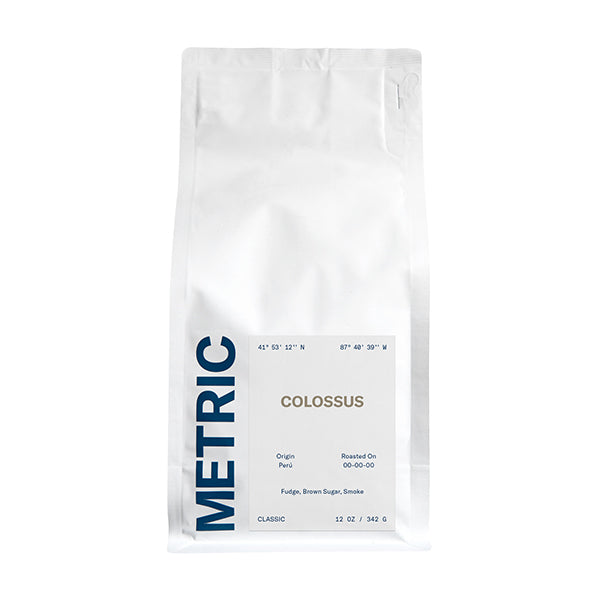 Spirited picture of the packaging for Metric Colossus coffee roast.