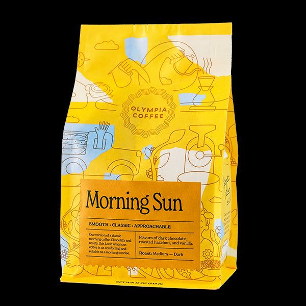 Honest picture of the packaging for Olympia Coffee Roasting Morning Sun coffee roast.