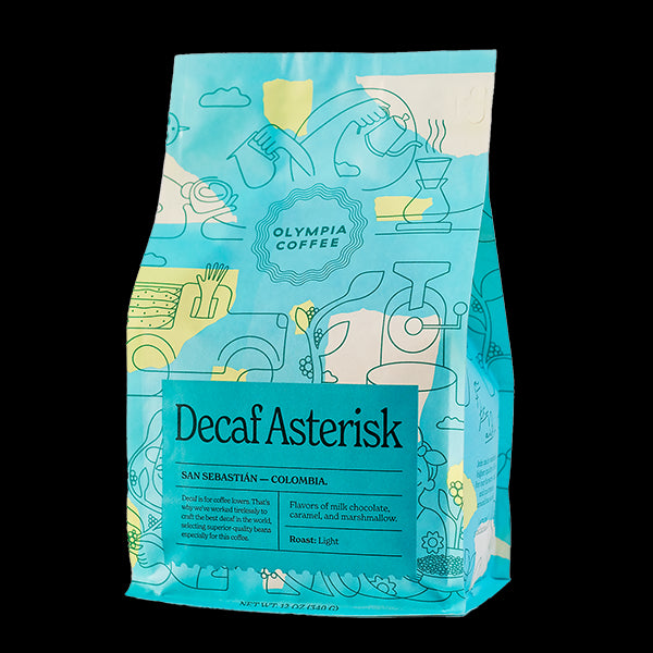 Great picture of the packaging for Olympia Coffee Roasting Decaf Asterisk coffee roast.