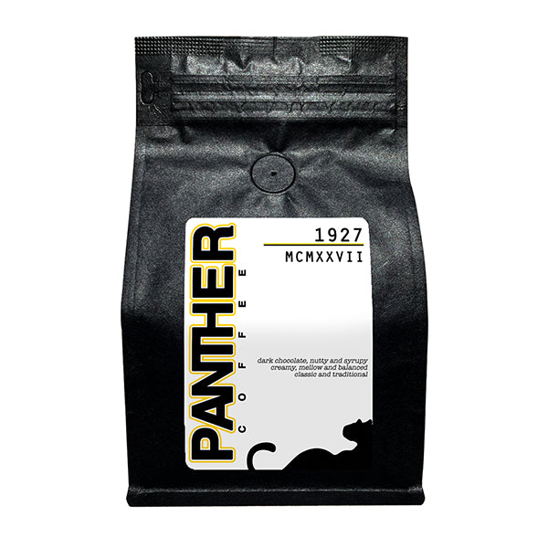 Sincere picture of the packaging for Panther Coffee 1927 Espresso coffee roast.