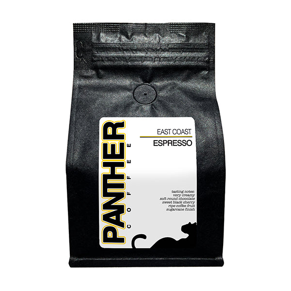 Thoughtful picture of the packaging for Panther Coffee East Coast Espresso coffee roast.