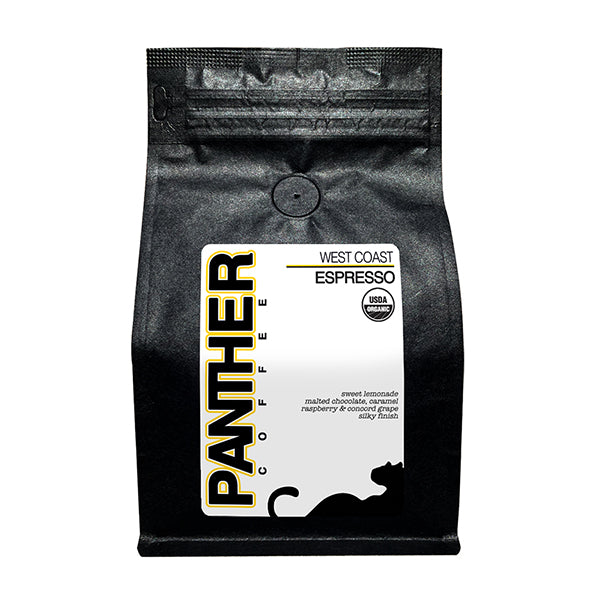 Thrilling picture of the packaging for Panther Coffee West Coast Espresso coffee roast.