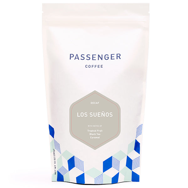 Great picture of the packaging for Passenger Coffee & Tea Los Sueños Decaf coffee roast.