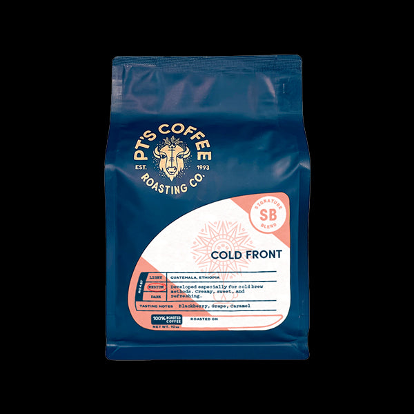 Mesmerizing picture of the packaging for PTs Coffee Cold Front coffee roast.