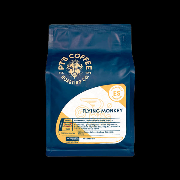 Mesmerizing picture of the packaging for PTs Coffee Flying Monkey Espresso coffee roast.