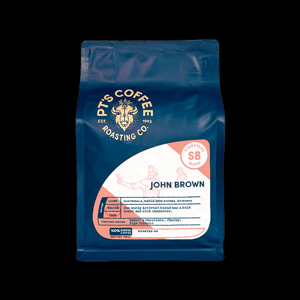 Sincere picture of the packaging for PTs Coffee John Brown coffee roast.