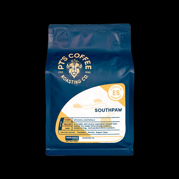 Sincere picture of the packaging for PTs Coffee Southpaw Espresso coffee roast.