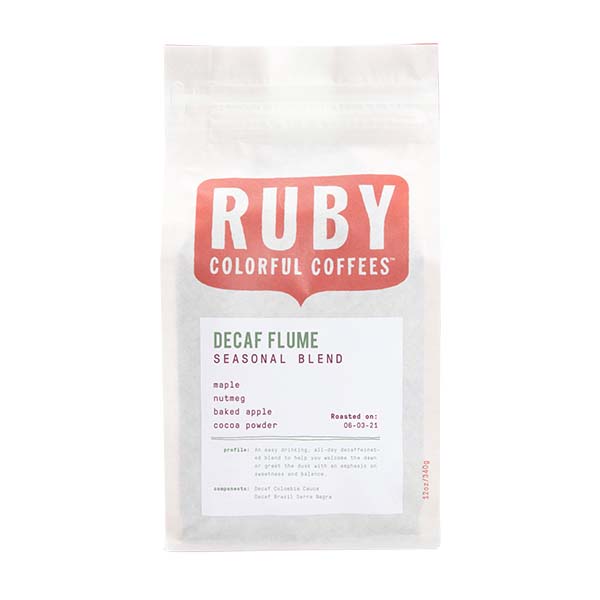 Sincere picture of the packaging for Ruby Coffee Roasters Decaf Flume Seasonal Blend coffee roast.
