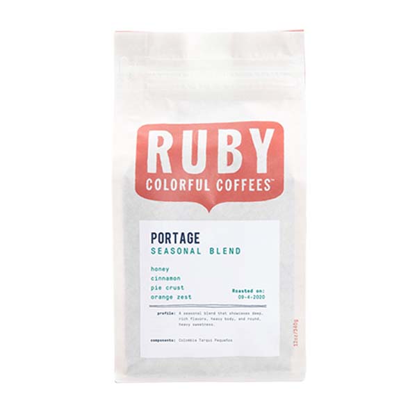 Honest picture of the packaging for Ruby Coffee Roasters Portage Seasonal Blend coffee roast.