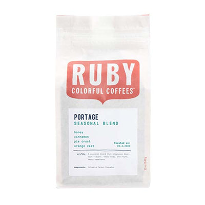 Honest picture of the packaging for Ruby Coffee Roasters Portage Seasonal Blend coffee roast.