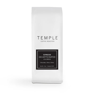 Sincere picture of the packaging for Temple Coffee Roasters Decaffeinated Colombia coffee roast.
