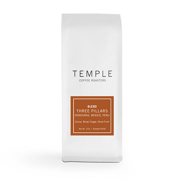 Great picture of the packaging for Temple Coffee Roasters Three Pillars Blend coffee roast.