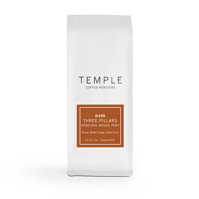 Great picture of the packaging for Temple Coffee Roasters Three Pillars Blend coffee roast.