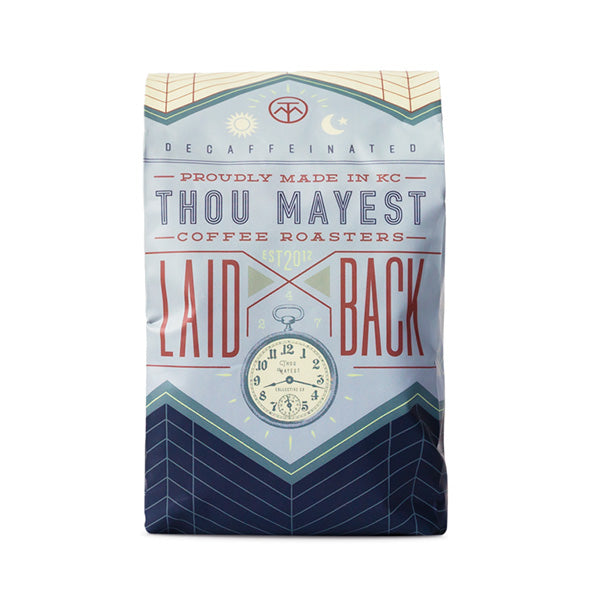 Amazing picture of the packaging for Thou Mayest Coffee Roasters Laid Back Decaf coffee roast.