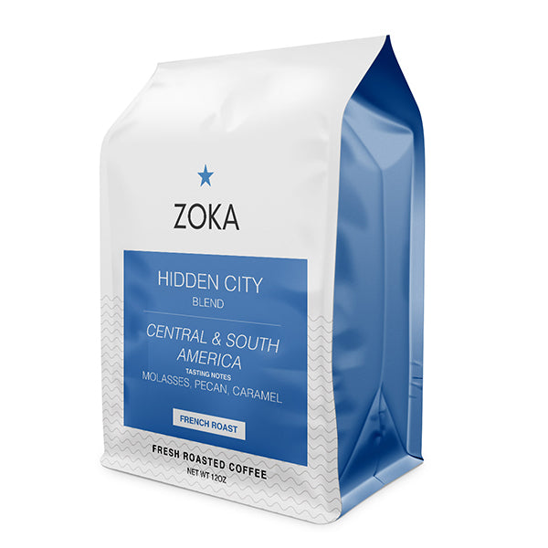 Thoughtful picture of the packaging for Zoka Coffee Hidden City coffee roast.